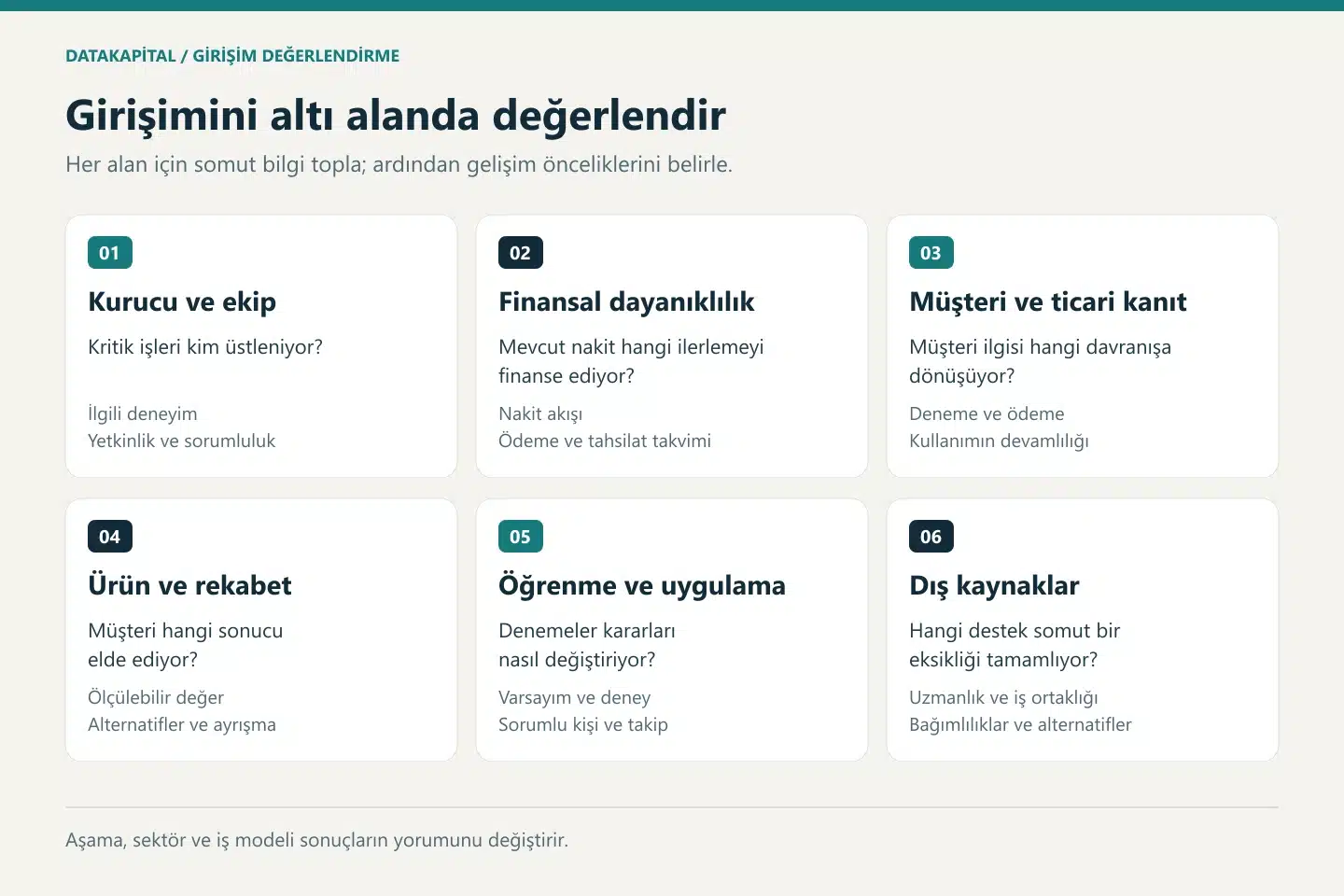 Girişim değerlendirmesinin altı alanı ve her alanda yanıtlanacak temel soru.